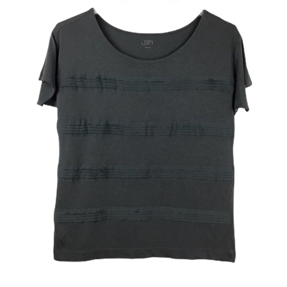 Loft Womens L Gray Blouse Crepe Layered Ruffle Short Sleeve Shirt Round Neck